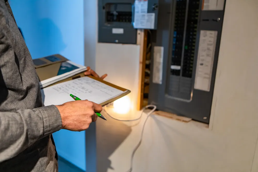 Electrician inspecting a distribution board during an EICR in Leicestershire
