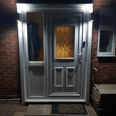 Front porch downlight at night, one of our electrical projects in Leicestershire