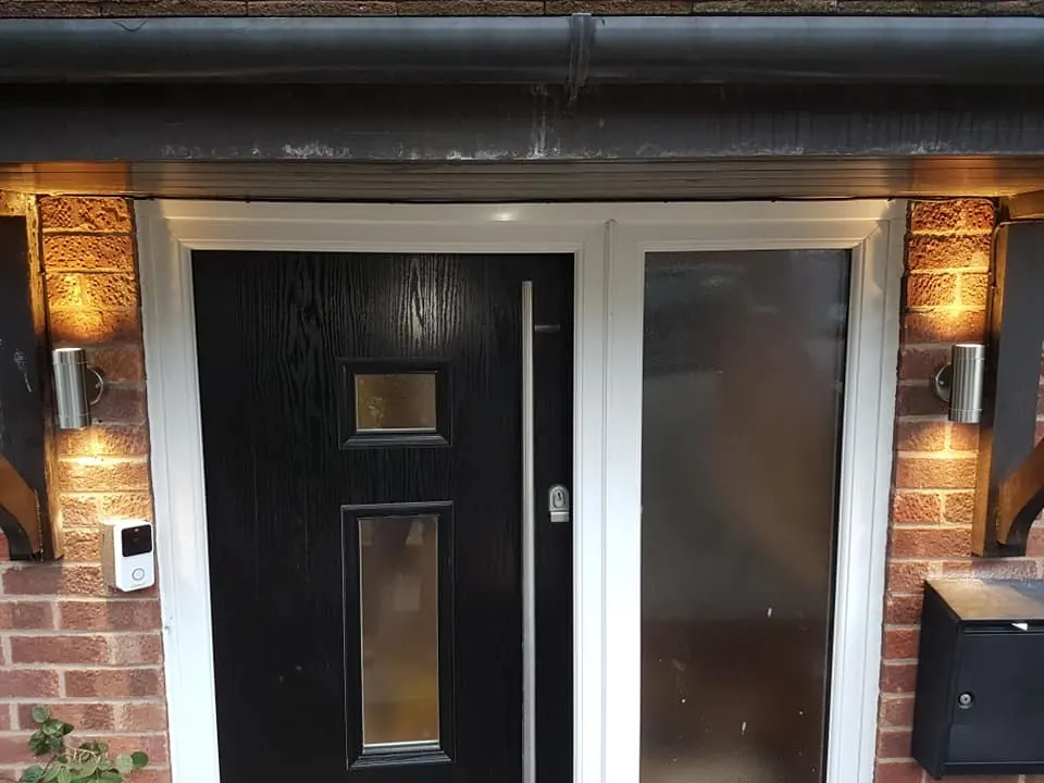 Porch wall lights and video doorbell from a lighting installation in Leicestershire